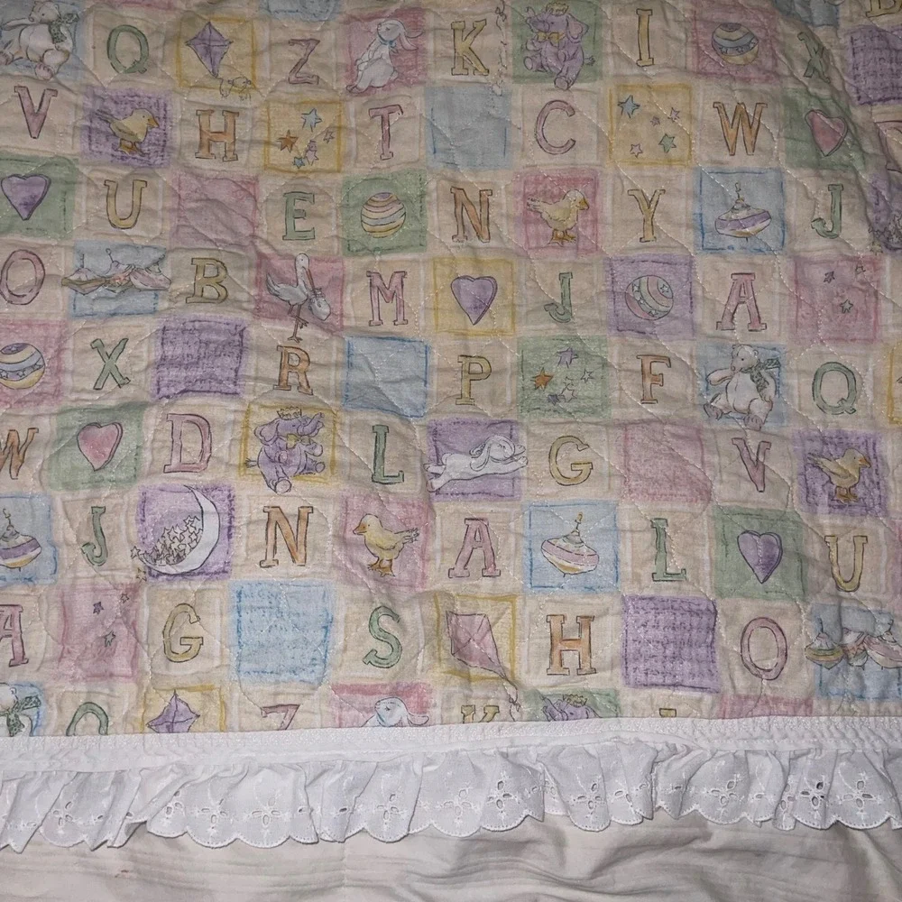 Vintage Pastel Baby Quilt Crib Blanket ABC‎ Blocks Animals Lace Trim Reversible